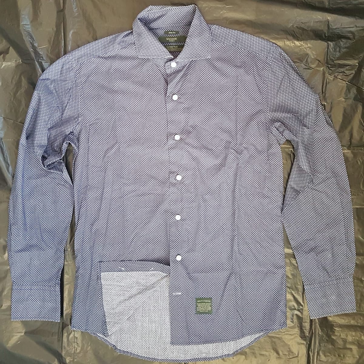 Scoor Brothers Original SACOOR Brothers Smart Dress Shirt, Navy Blue with Subtle Geometric Print, Slim Fit, Designer Long Sleeved Shirt, Cosmopolitan, MEDIUM 7 Buttons Long Sleeve Shirt, Luxury Lifestyle, Timeless Appeal, Urban Style, Sophistication, Cult Street Fashion - Photo 2
