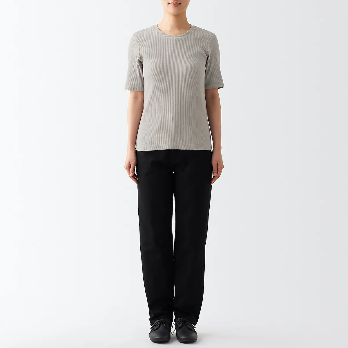 Muji Muji Female Grey Stretch Ribbed Half Sleeve Round Crew Neck Cotton T-shirt Shirt Top - Photo 2