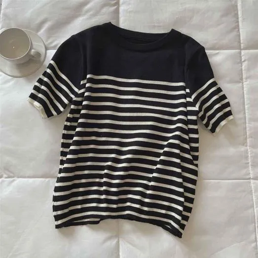 Sixth Sense Sixth Sense Women Black White Stripe Casual Office Work Formal Wear Short Sleeve Knit Shirt Top