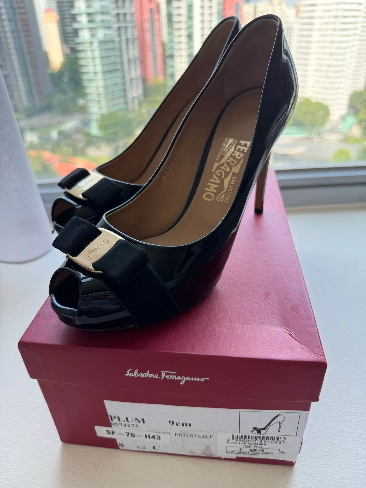 Salvatore Ferragamo Patent Peep-Toe Heels