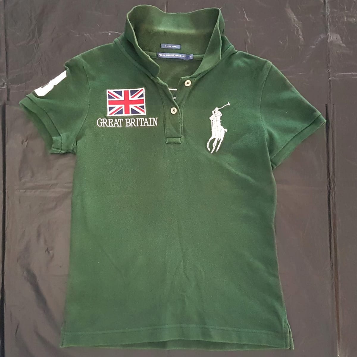 Vintage POLO by Ralph Lauren Designer Apparel, SMALL, Retro GREAT BRITAIN Flag, Green Top, Number 3, Cosmopolitan, Sleek 2 Buttons Polo Shirt, Number 3 on Shoulder Sleeve, Great Britain Flag on Back, Luxury Lifestyle, Timeless Classic