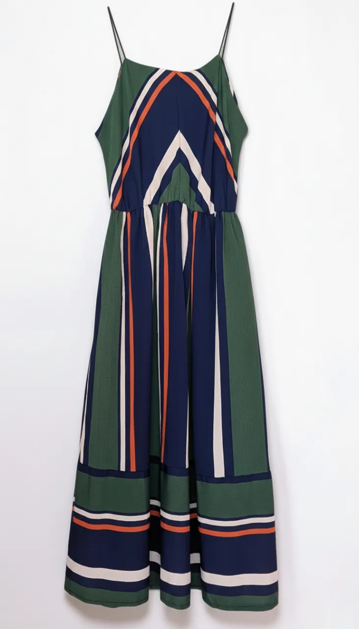 NA Korean Striped Sleeveless Elastic Waist Strap Midi A-line Flare Dress - Photo 2