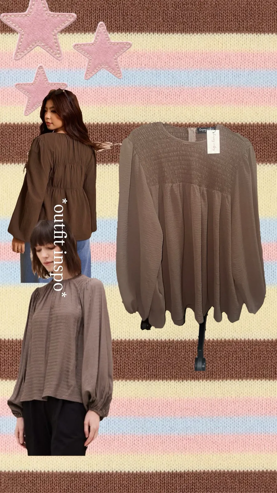 Happy Vibes Happy Vibes | Brown Smocked Babydoll Blouse | Free Size