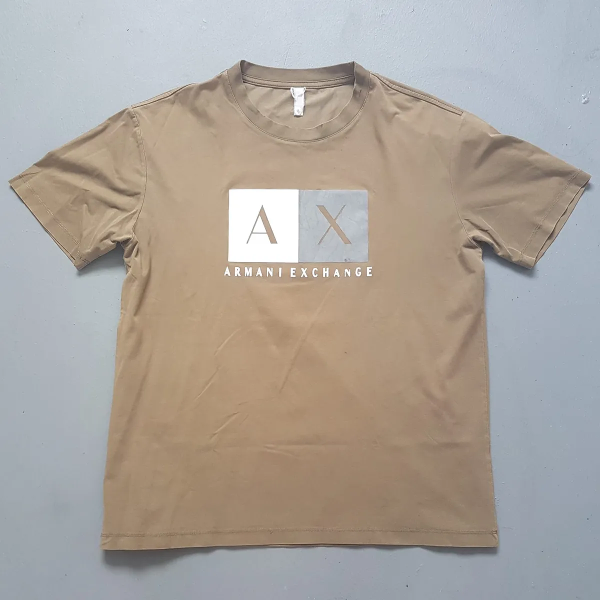 Vintage ARMANI Exchange T-Shirt, Retro AX Graphic Tee, LARGE Armani Shirt, Cosmopolitan, Cool Brown Crew Neck Top, Artistic Model, Urban Style, Pop Culture, Hip Hop, Rock Star, Sophistication, Streetwise, Timeless Appeal, Everyday Fashion
