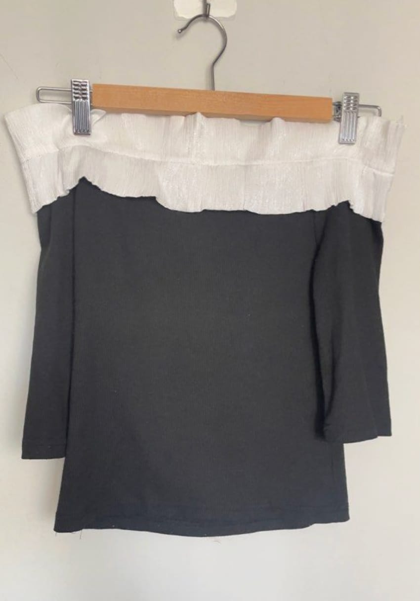 Chic Off-Shoulder Black Top with White Ruffle