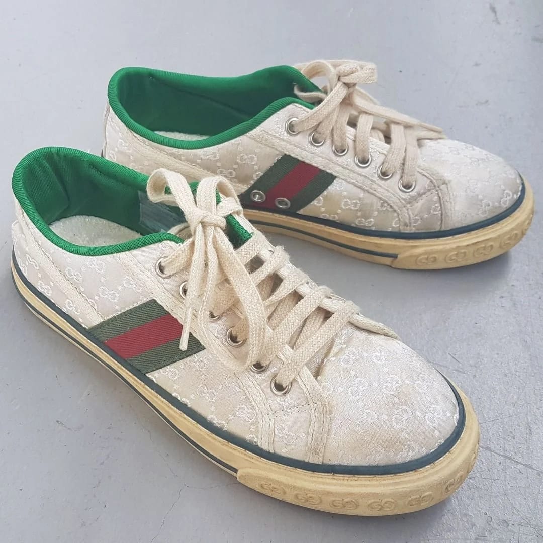 Luxury GUCCI Tennis 1977 Sneakers, made in ITALY, Size 37, Cool GUCCI Monogram, Retro Off-White Low-Cut Shoes, GUCCI Red & Dark Green Colors - Photo 6