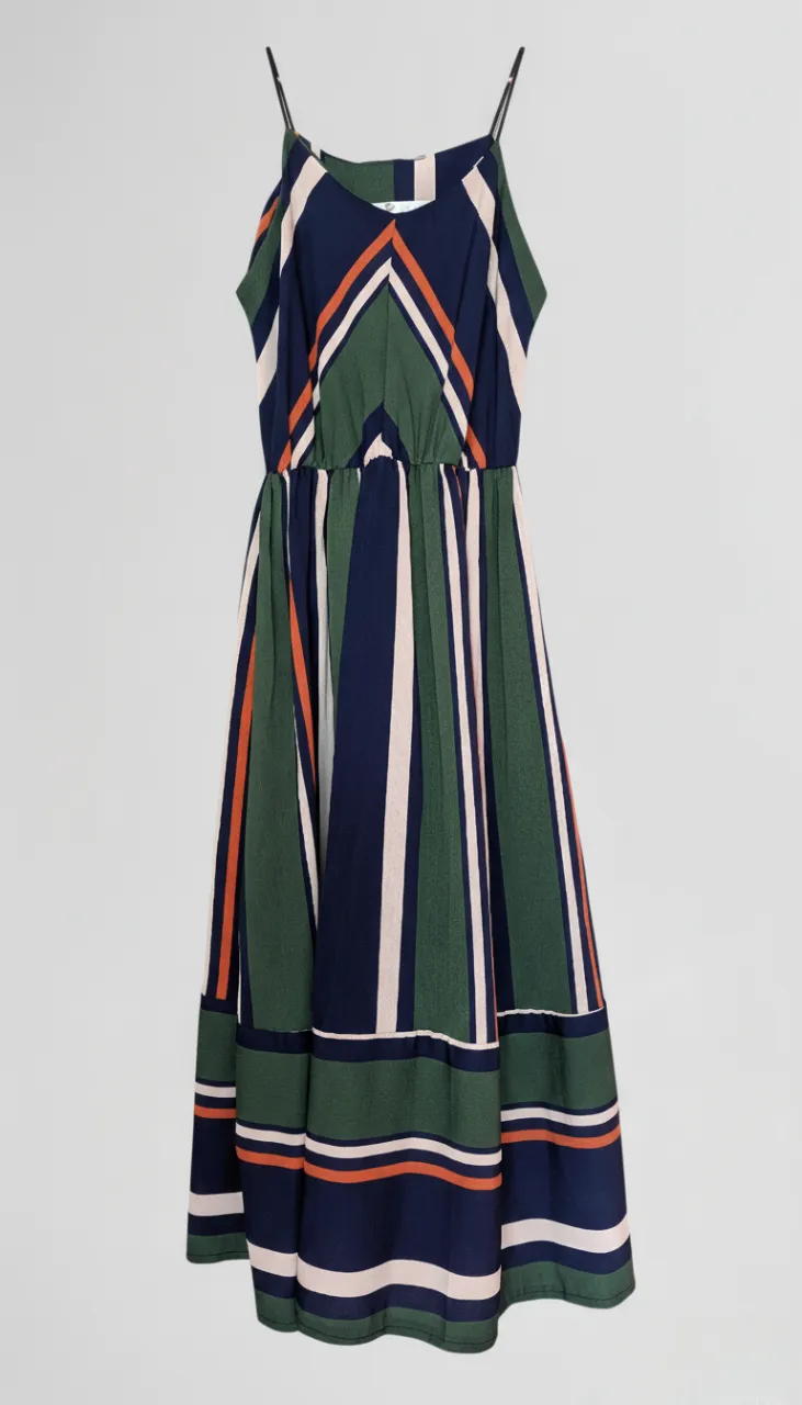 Korean Striped Sleeveless Elastic Waist Strap Midi A-line Flare Dress