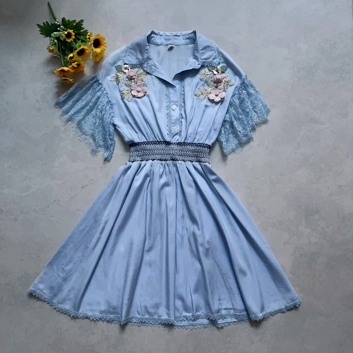 Light Blue Lace Sleeve Floral Embellished Shirt Dress - Photo 2