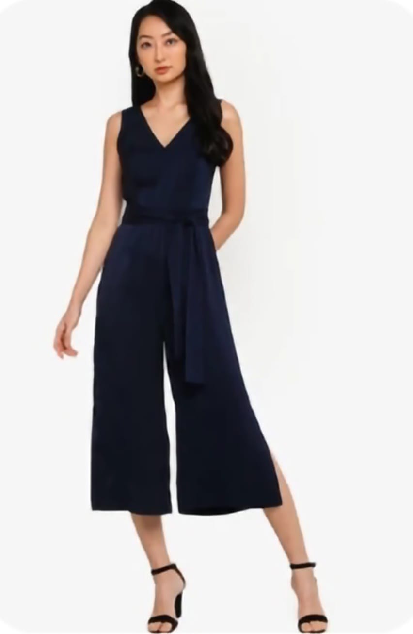 Zalora Chic Navy V Neck Midi Jumpsuit