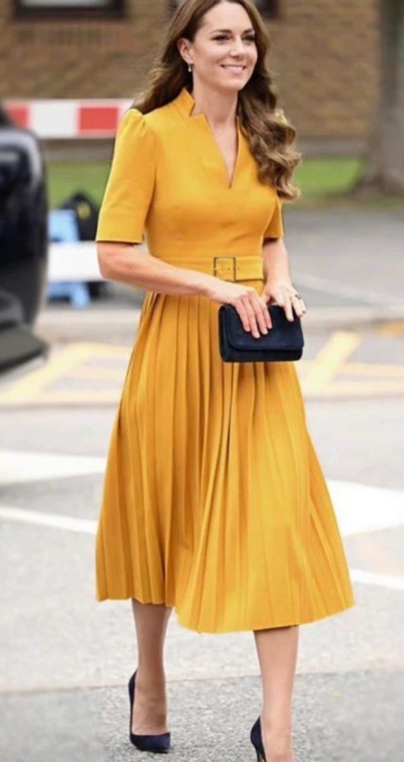 Elegant Mustard Midi Dress with Belt by Karen Miller