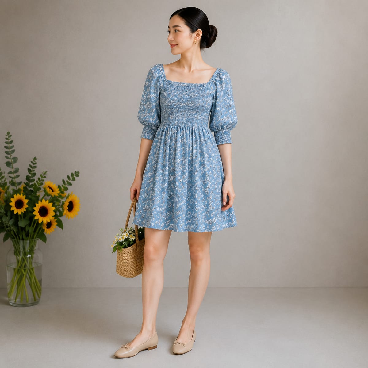 Blue Floral Smocked Puff Sleeve Mini Dress