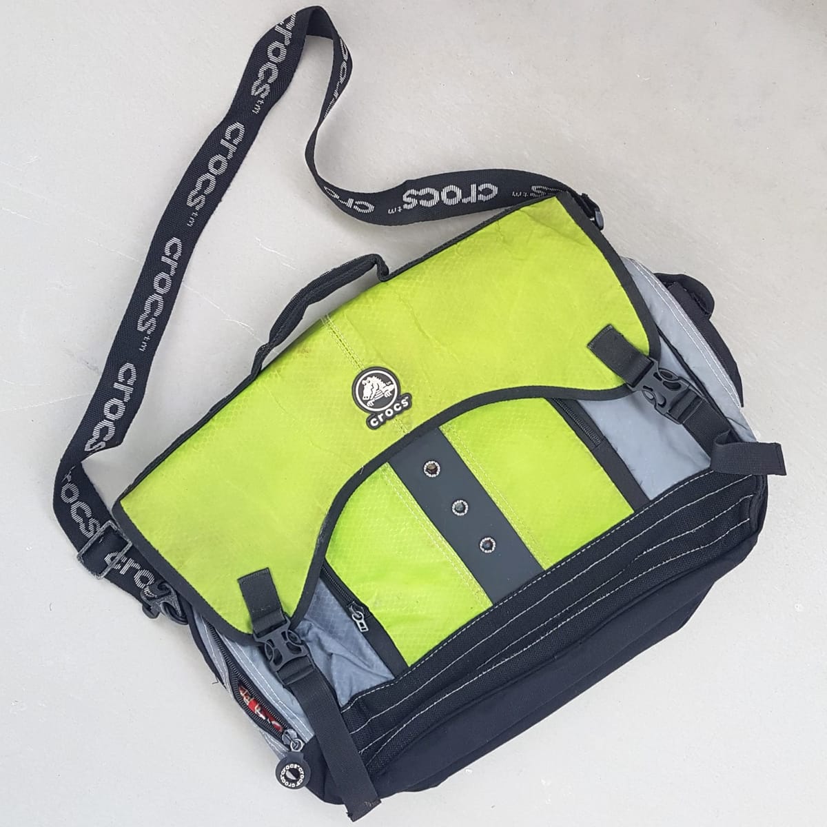 Original CROCS Tote Bag, Cross-Body, Cool Duffel Bag, Cosmopolitan, Messenger, Sleek Black, Gray & Lime Green Design, Inside Colorful Graffiti, Work Bag, Travel Pack, Sling Bag, Sophistication, Campus, Laptop, Notebook, Urban Style, Cult Street Fashion