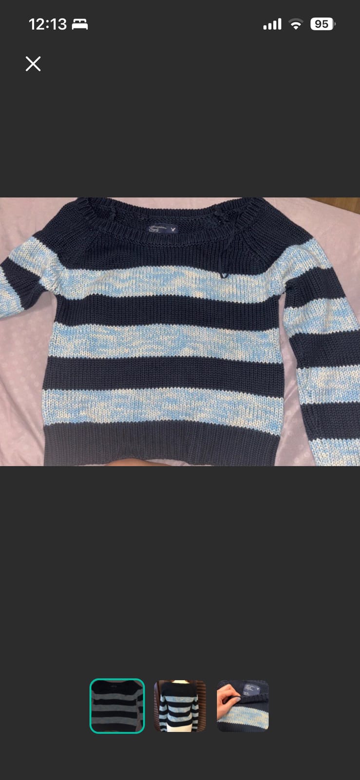 Navy Striped Knit Off-Shoulder Sweater (American Eagle, XS)