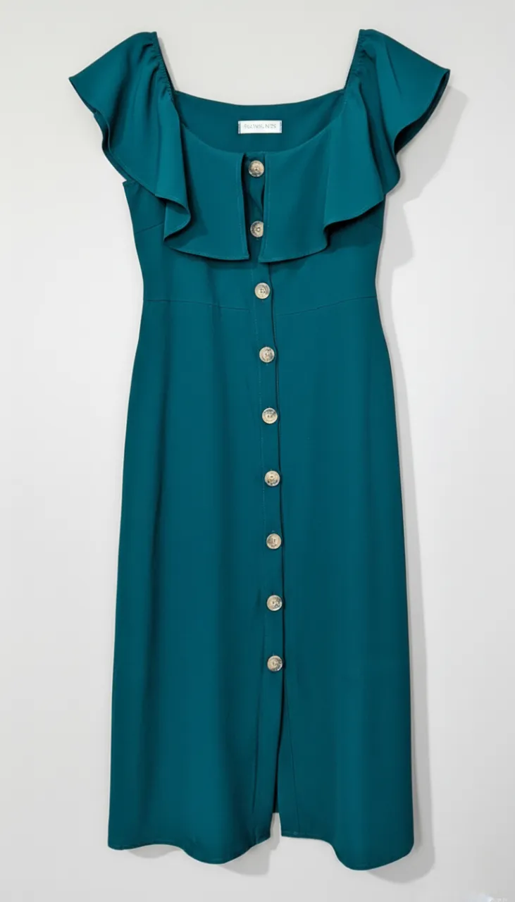 NA Emerald Green Off Shoulder Button Down A-line Long Midi Flare Dress