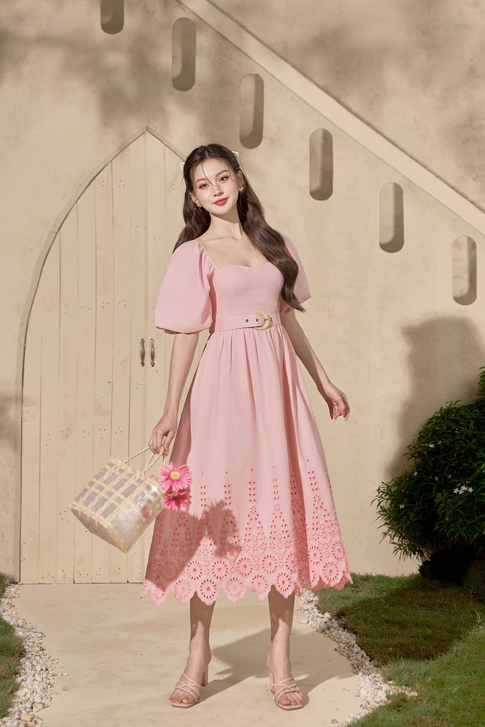Chello Madison Belted Puff Sleeves Broderie Anglaise Midi Dress