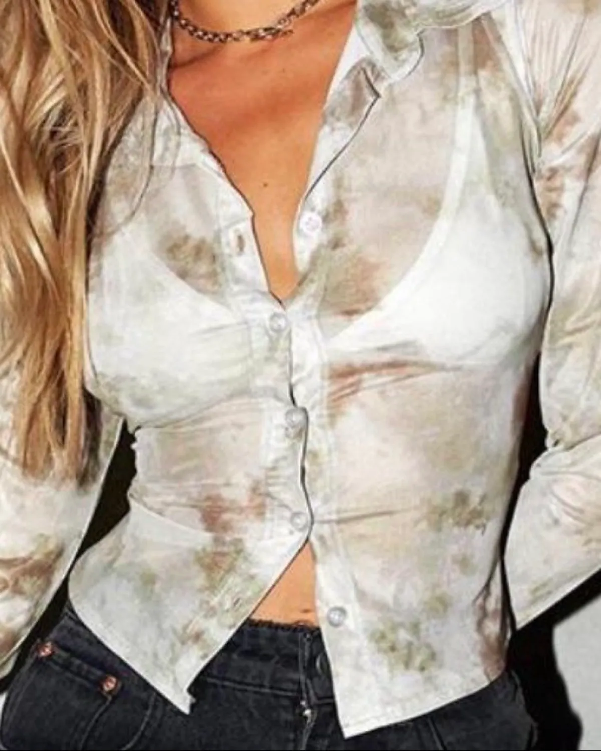 Chic Tie-Dye Sheer Button-Up Long Sleeve Shirt - Photo 2