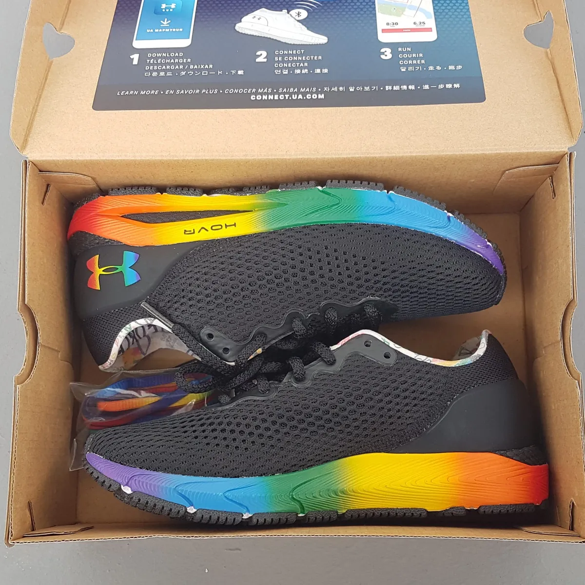 Original UNDER ARMOUR Designer Sneakers, UA HOVR Sonic 4 Pride Shoes, US 6, UK 3.5, EUR 36.5, CM 23, Cosmopolitan, Black with Vibrant Rainbow Gradient Midsole, Pattern Inner Collar, Timeless Appeal, Urban Style, Pop Culture, Roadster, Cult Street Fashion
