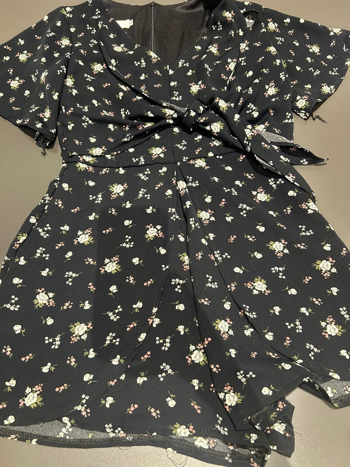 Floral Black Wrap Dress with Bow