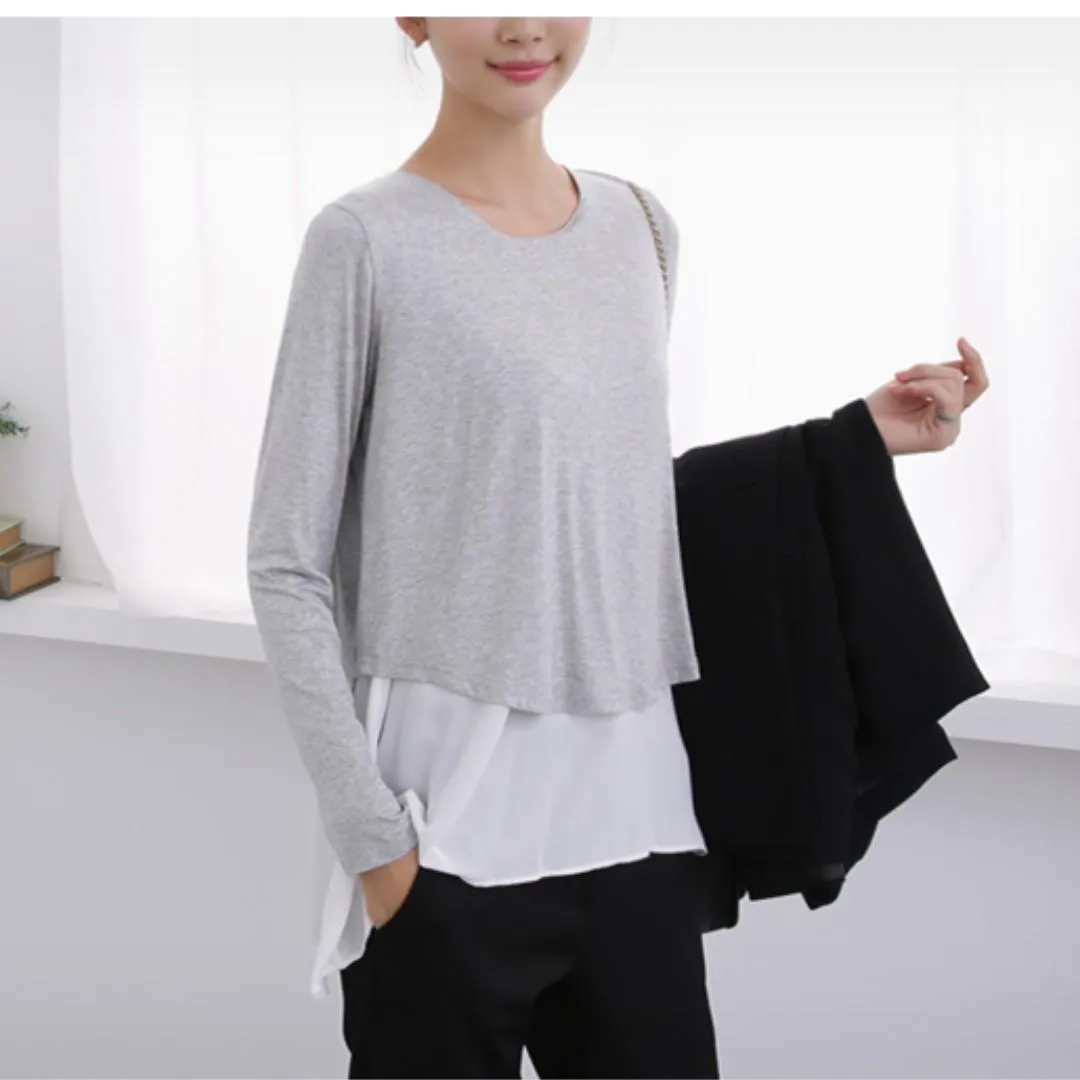 Korean Women Light Grey Double Layer Long Sleeves Blouse Top