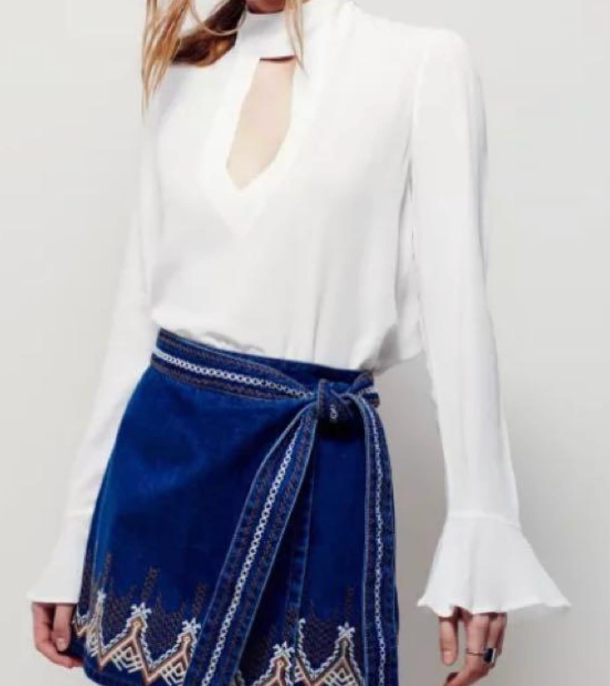 Chic White Blouse with Embroidered Wrap Skirt