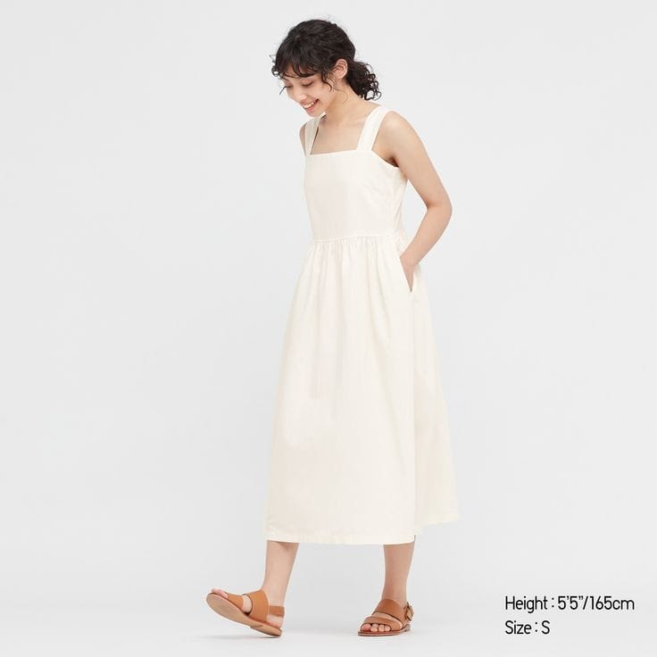 Uniqlo Linen Blend Sleeveless Shirring Dress - Off White