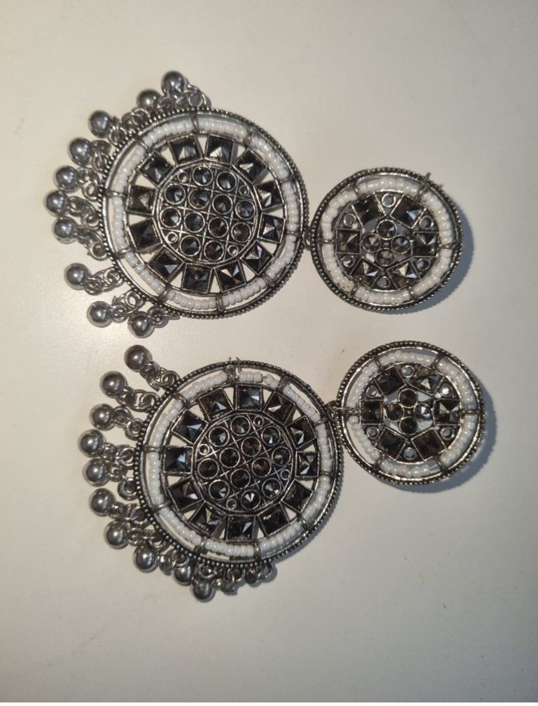 Silver Dangle Earrings w/ White & Black Deets