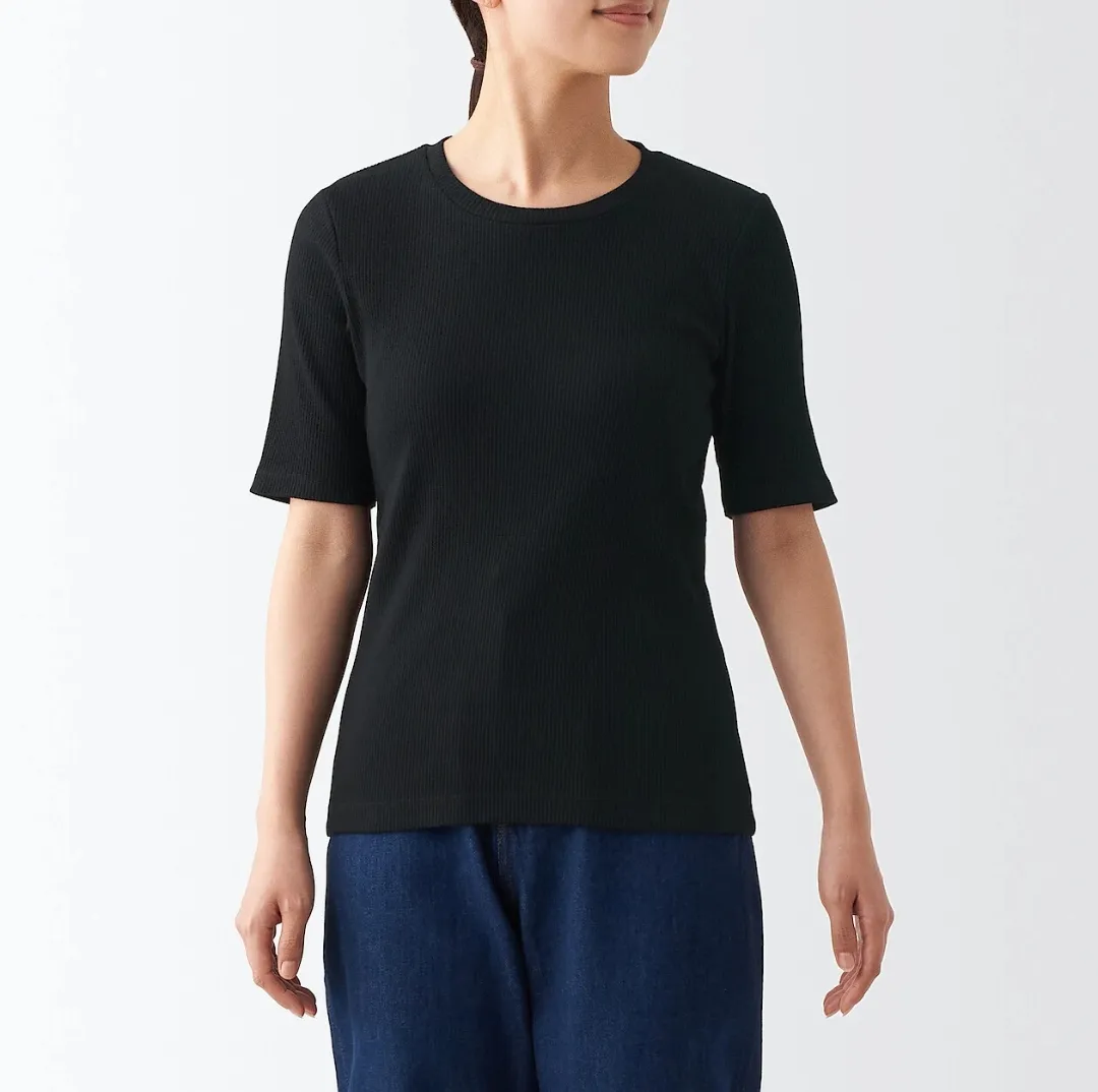 Muji Muji Female Stretch Ribbed Half Sleeve Round Neck Cotton T-shirt Shirt Top (Size S)