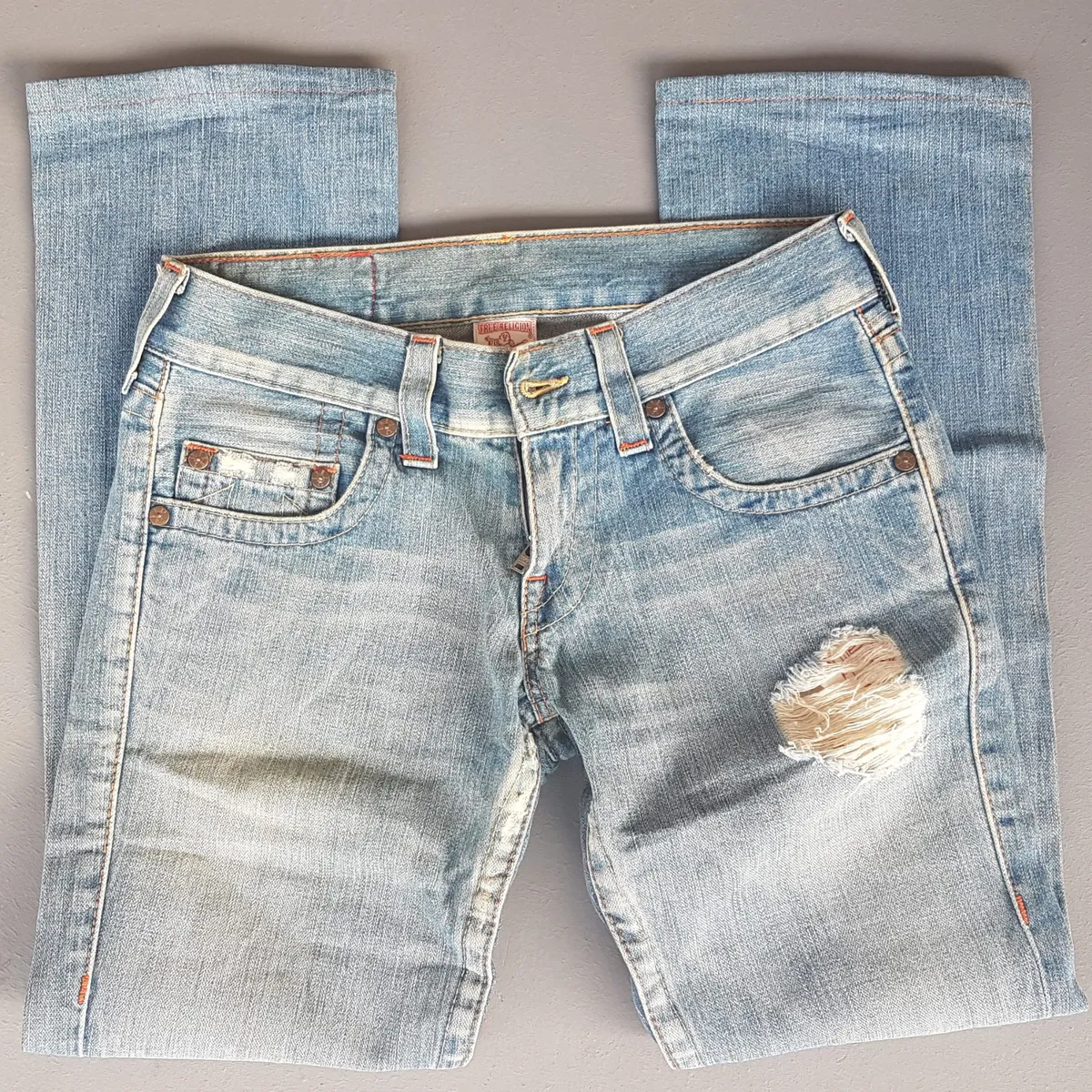True Religion Retro True Religion Denim Jeans, Made in USA, Size 28, Versatile Bootcut Jeans, Flare Bottoms, Cosmopolitan, Distressed Design, Seasoned Look, Sophistication, Nostalgic Appeal, Vintage Pants, Timeless Classic, Luxury Living, Cult Street Fashion, Roadster