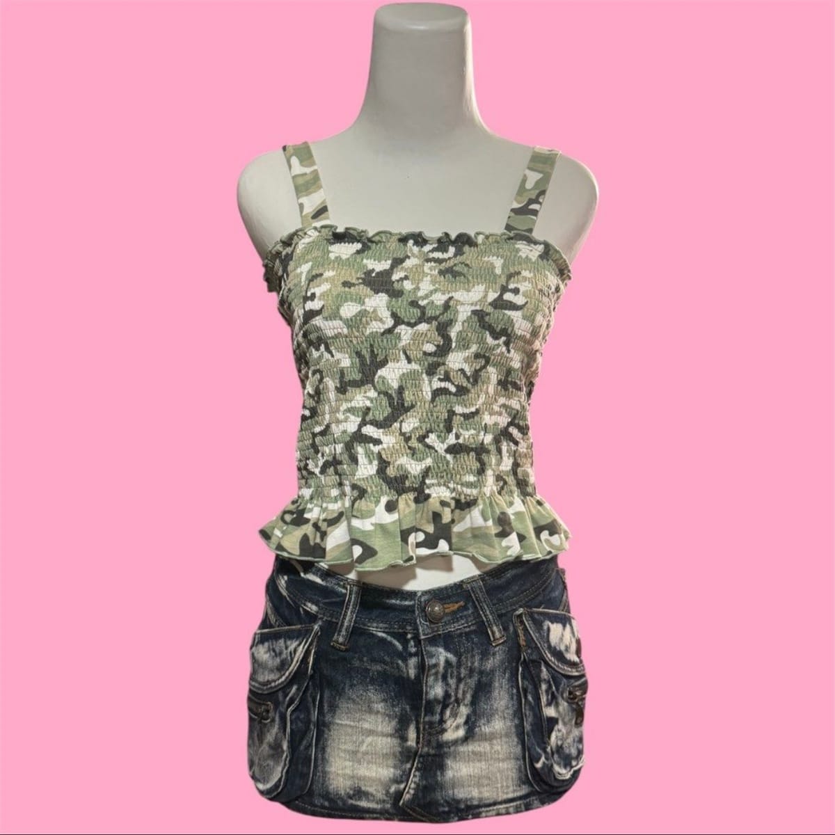Y2K Camo Smocked Top w/ Ruffle Details