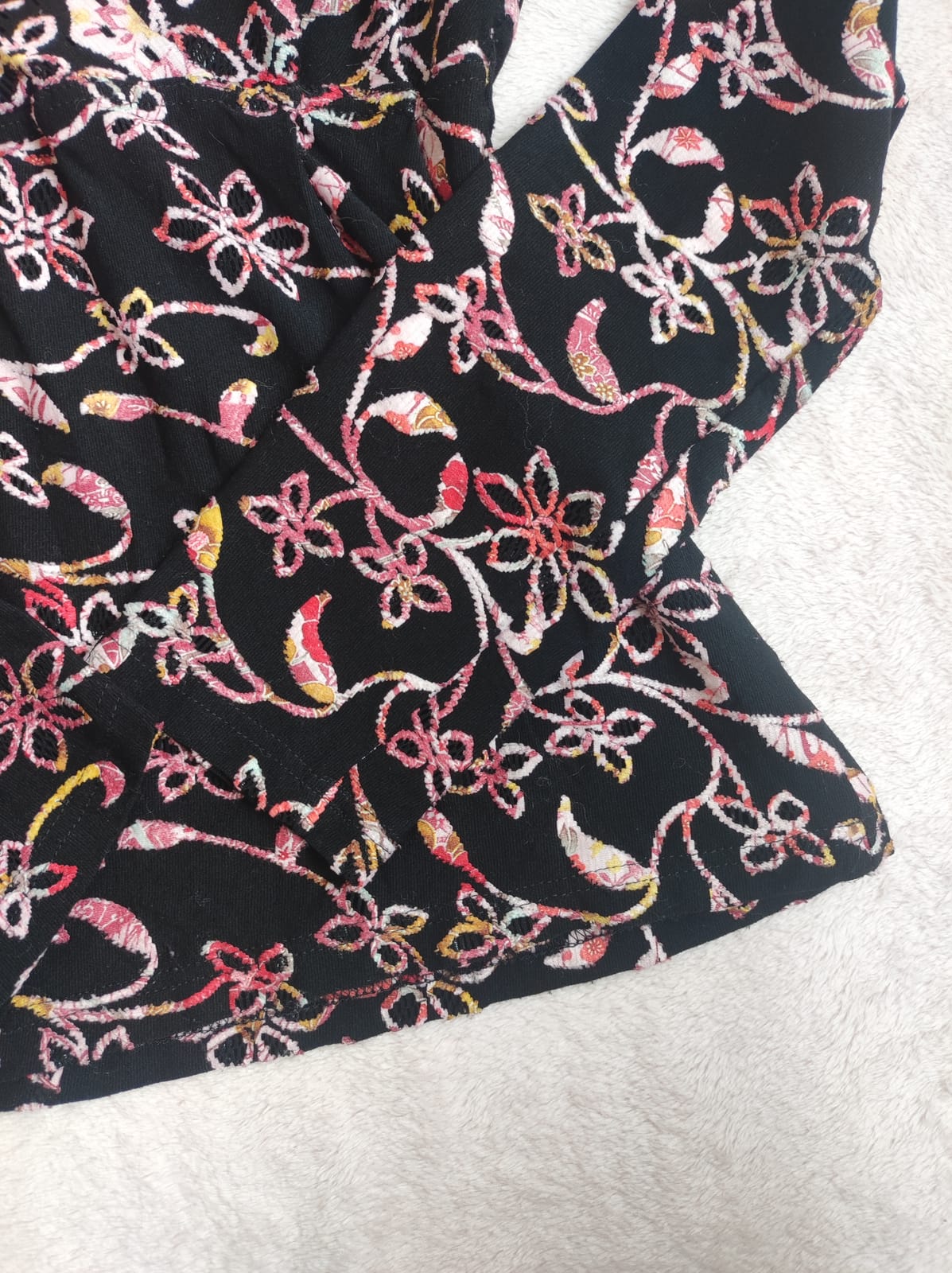 Black Floral Embroidered V-Neck Long Sleeve Top - Photo 5