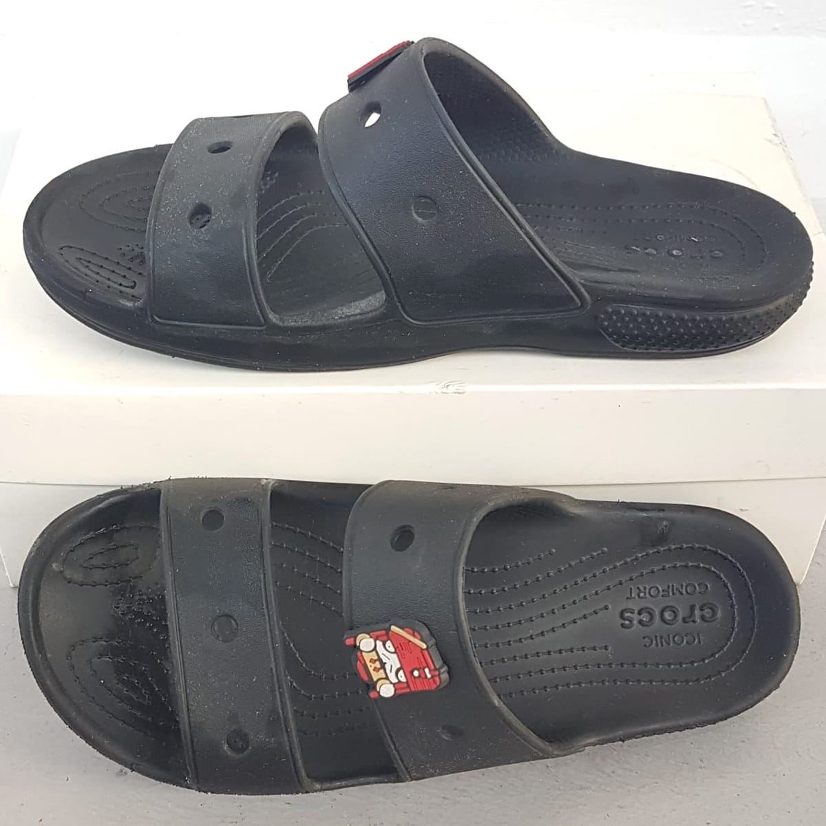 CROCS Original CROCS Clogs, Cosmopolitan Sandals, Size US 7 (M) 9 (F) on base, Cool Designer Shoes, Black Clog with 2 Jibbitz Charms, Timeless Appeal, Sleek Sliders, Slip-on, Fun Footwear, Cult Street Fashion, Urban Style, Sophistication, Streetwise, Pop Culture - Photo 2