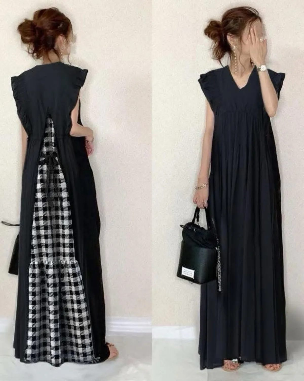 Chic Black Maxi Dress with Checkered Back Detail