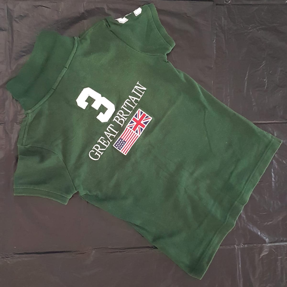 Vintage POLO by Ralph Lauren Designer Apparel, SMALL, Retro GREAT BRITAIN Flag, Green Top, Number 3, Cosmopolitan, Sleek 2 Buttons Polo Shirt, Number 3 on Shoulder Sleeve, Great Britain Flag on Back, Luxury Lifestyle, Timeless Classic - Photo 8