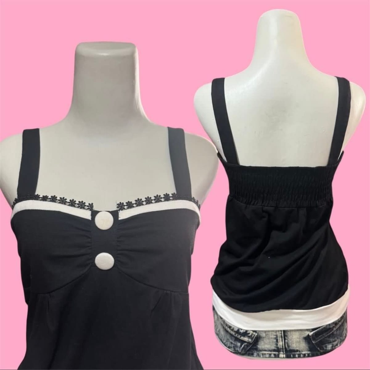 Y2K Black & White Ruched Tank Top - Photo 2