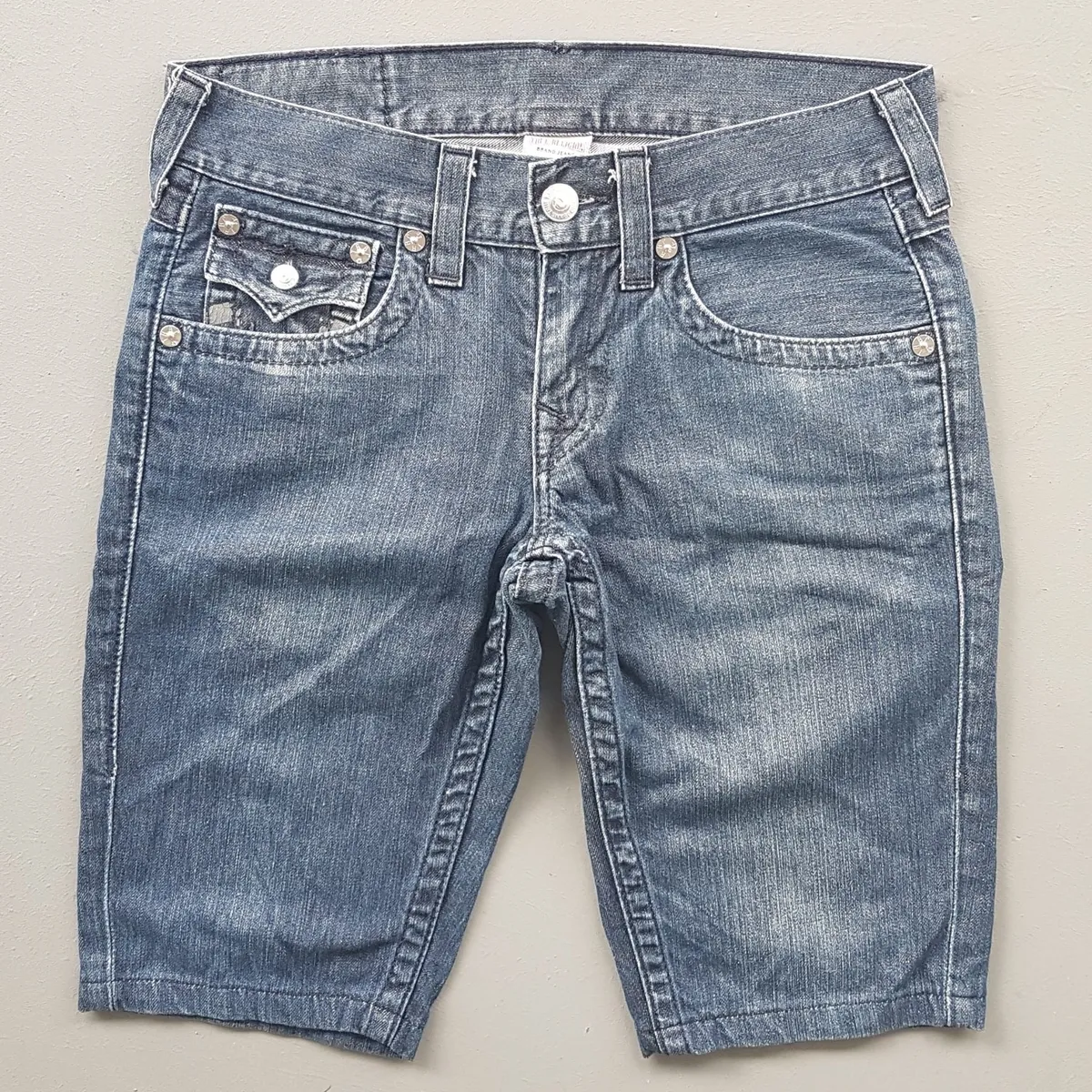 Vintage True Religion Denim Jeans, Retro Laughing Buddha Denim Shorts, Made in USA, Original World Tour Model, Cool Size 28 Bottoms, Cosmopolitan, Sleek Designer Wear, Sophistication, Timeless Appeal, Pop Culture, Hip Hop, Rock Star, Cult Street Fashion