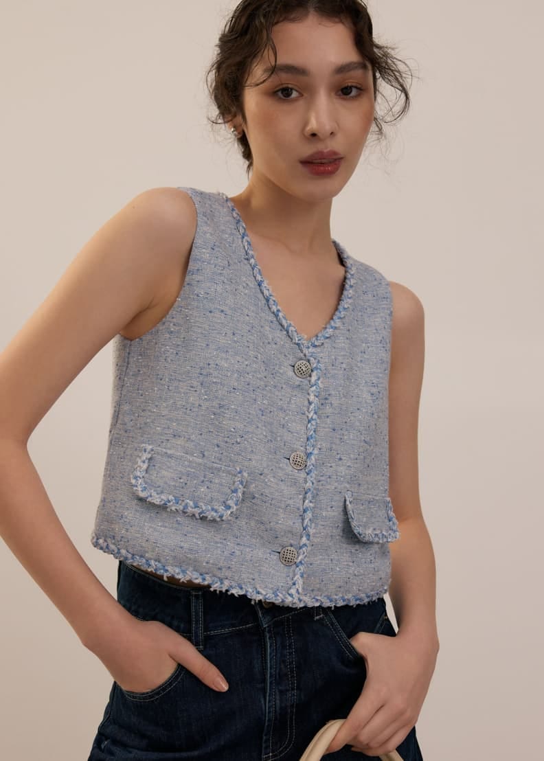 Love, Bonito Love Bonito Tweed V Neck Boxy Crop Top - Photo 2