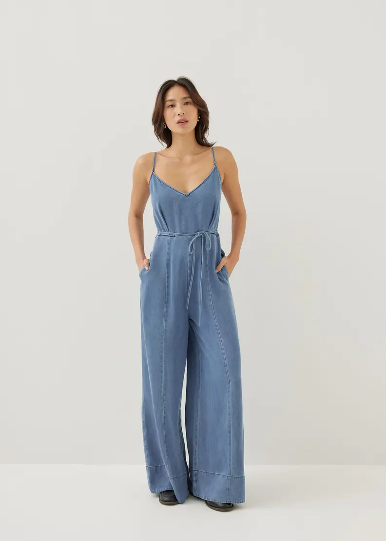 Love Bonito Aiko Chambray Wide Leg Jumpsuit in Medium Denim Washed in Size XS