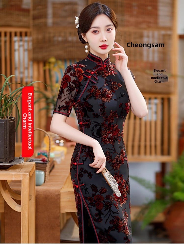 Elegant Black Red Retro Floral Cheongsam Dress