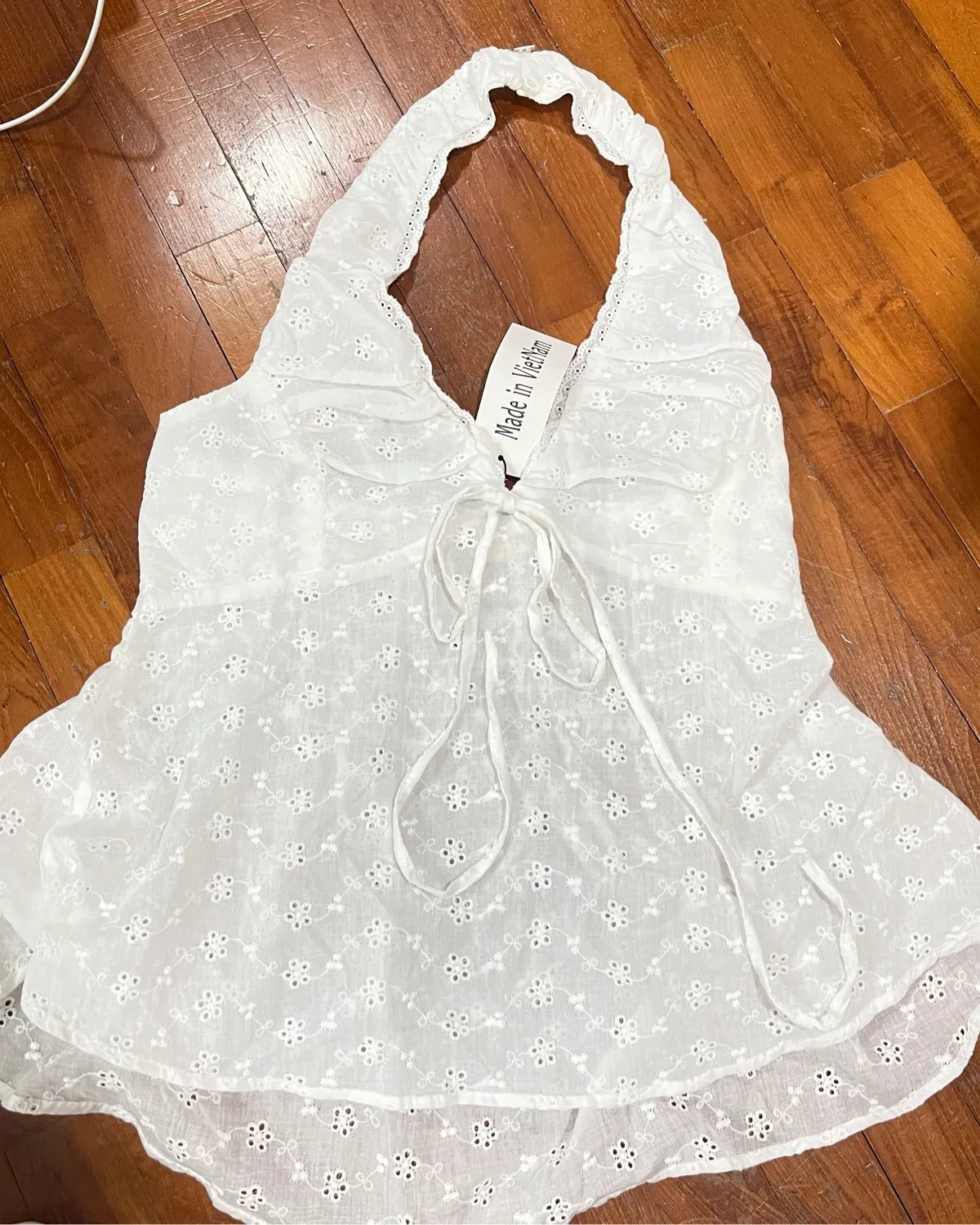 Viet Lace Halter Eyelet Top in White
