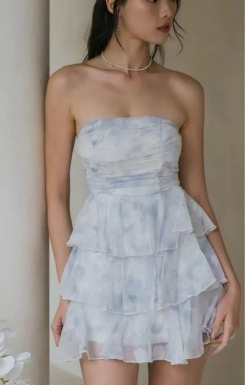 Krissy Tiered Padded Romper Dress in Frosty Blue