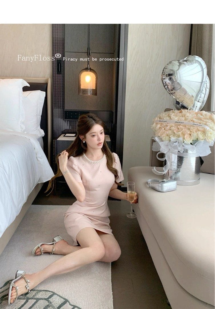 Fanyfloss French Slimming Party Short Dress Elegant Pearl-Accented Pink Mini Dress - Photo 4