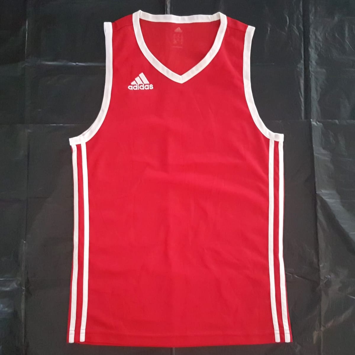 Original ADIDAS T-Shirt, Cool Red Singlet, Adidas Commander Basketball Jersey, 3 Side White Stripes, Cosmopolitan, Sleeveless Shirt, Athletic Tank Top, Sophistication, Streetwise, Pop Culture, Cult Street Fashion, Urban Style, Timeless Appeal
