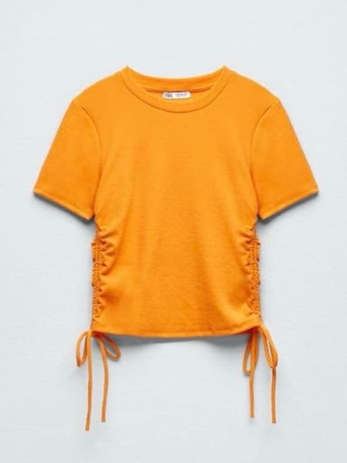ZARA Bright Orange Ribbed Crop Top With Side Gathering Ties (M) - Photo 2