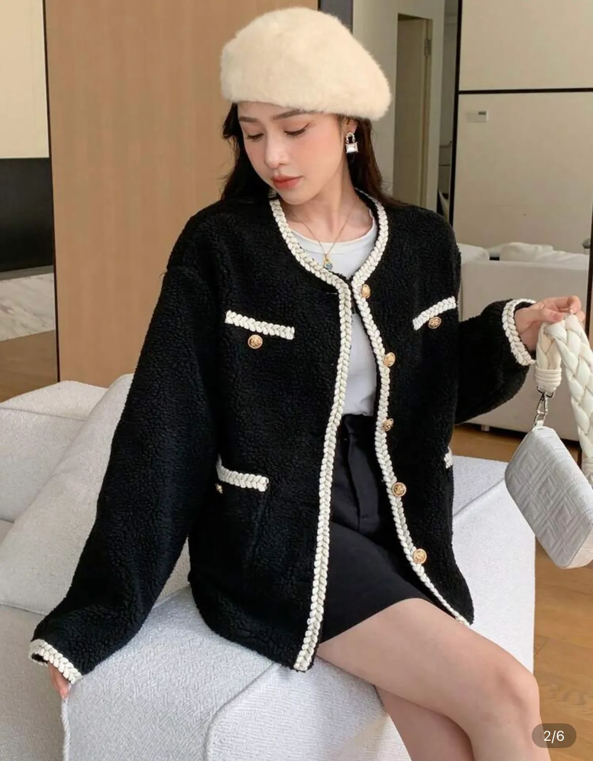 Chic Black Bouclé Jacket with Pearl Trims