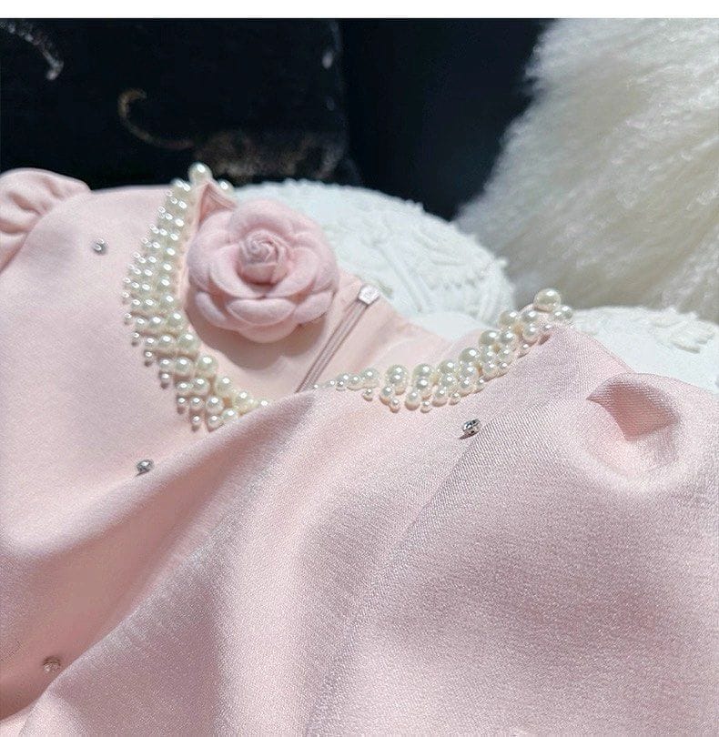 Fanyfloss French Slimming Party Short Dress Elegant Pearl-Accented Pink Mini Dress - Photo 6