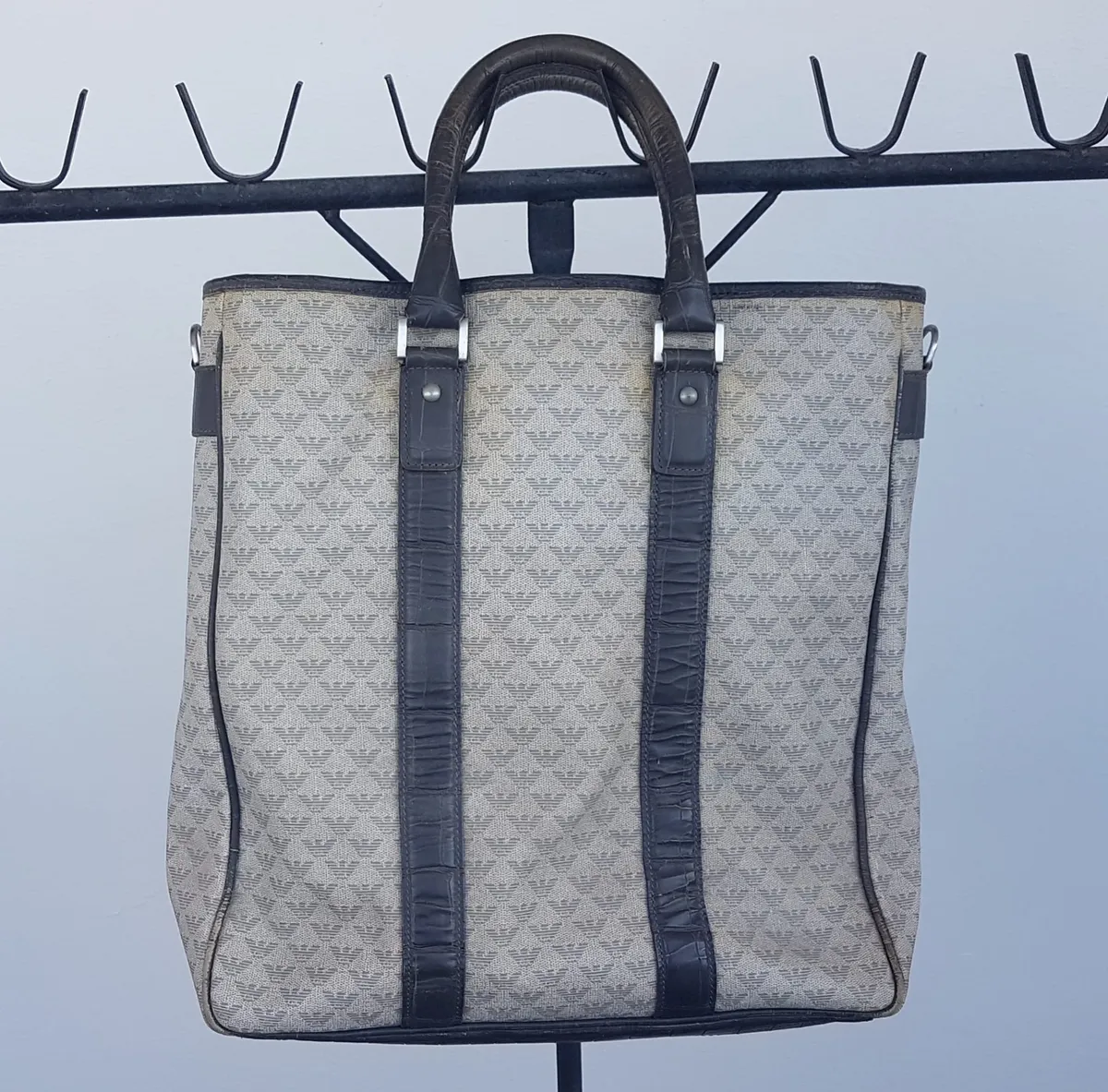 Retro Emporio Armani Tote Bag, Made in ITALY, Armani Monogram, Cool Gray Handbag, Chic Messenger, Luxury Living, Shoulder Sling, Cosmopolitan, Duffel, Spacious Carrier, Urban Style, Haute Couture, Designer Hand Carry, Everyday Bag