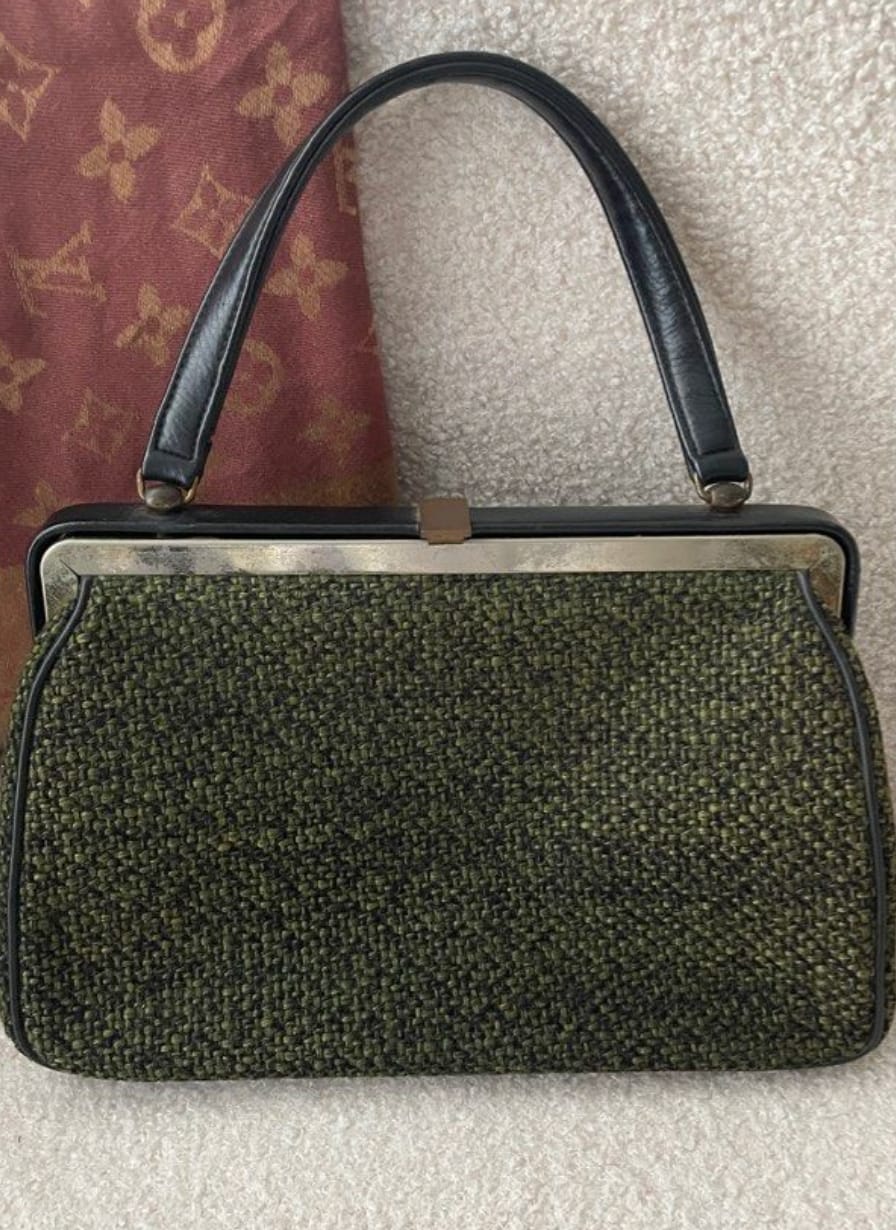 Vintage Tweed Handbag with Leather Accents