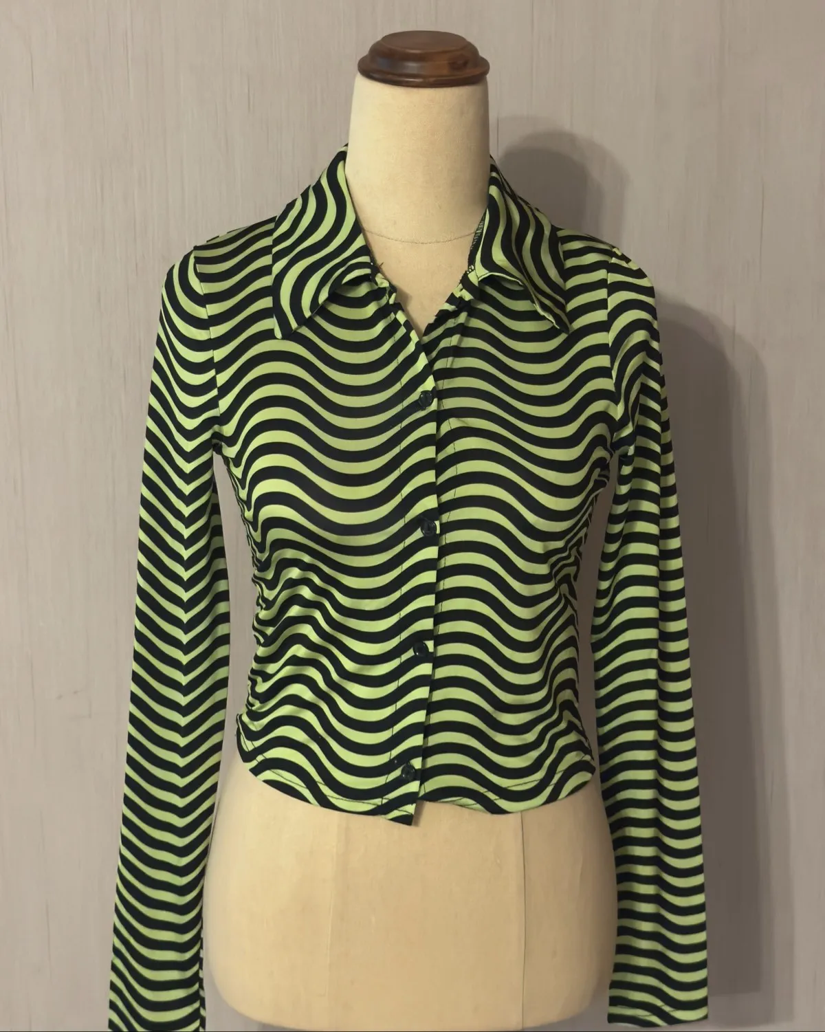 Neon Green Wavy Print Long Sleeve Shirt