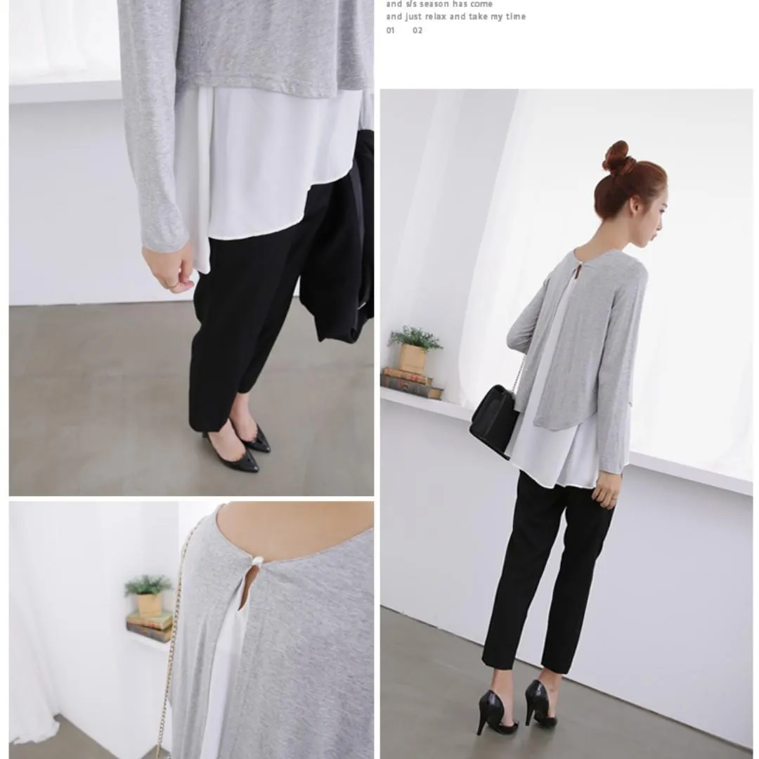 NA Korean Women Light Grey Double Layer Long Sleeves Blouse Top - Photo 2