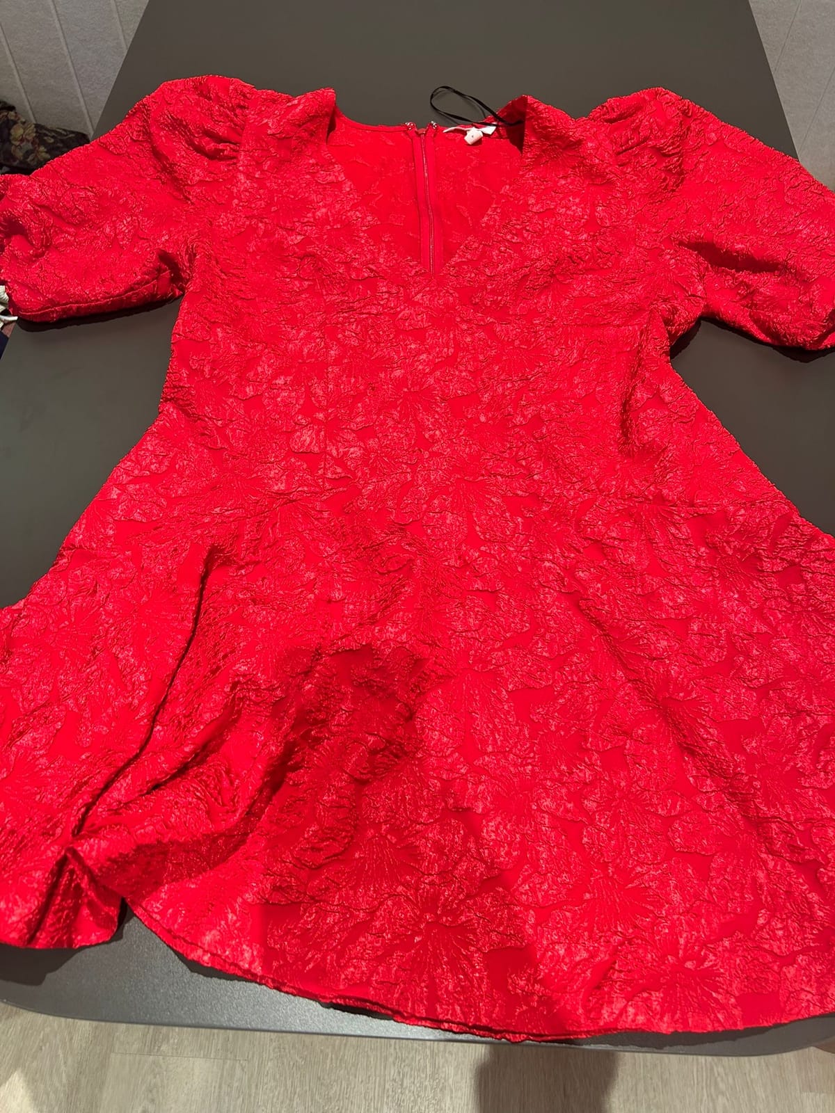 Textured Red Puff Sleeve Mini Dress
